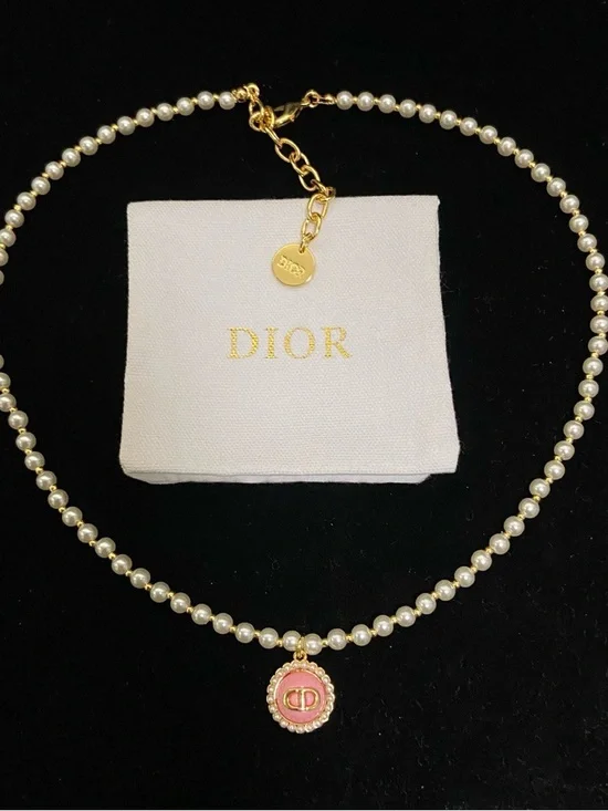 Dior Pink Pearl Logo Charm Necklace - Picture 3 of 6